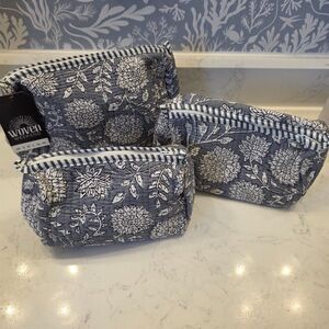 Handmade Quilted Cosmetic Accessories Bag Set. Cottage Floral Boho Whimsy Gray
